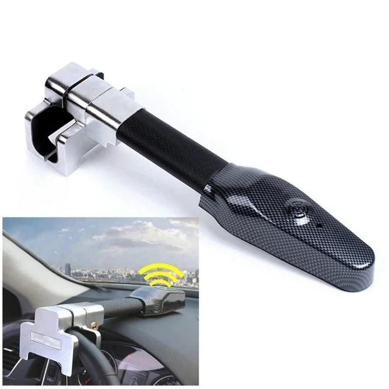 Car Wheel Steering Lock device with another image showing after installation.