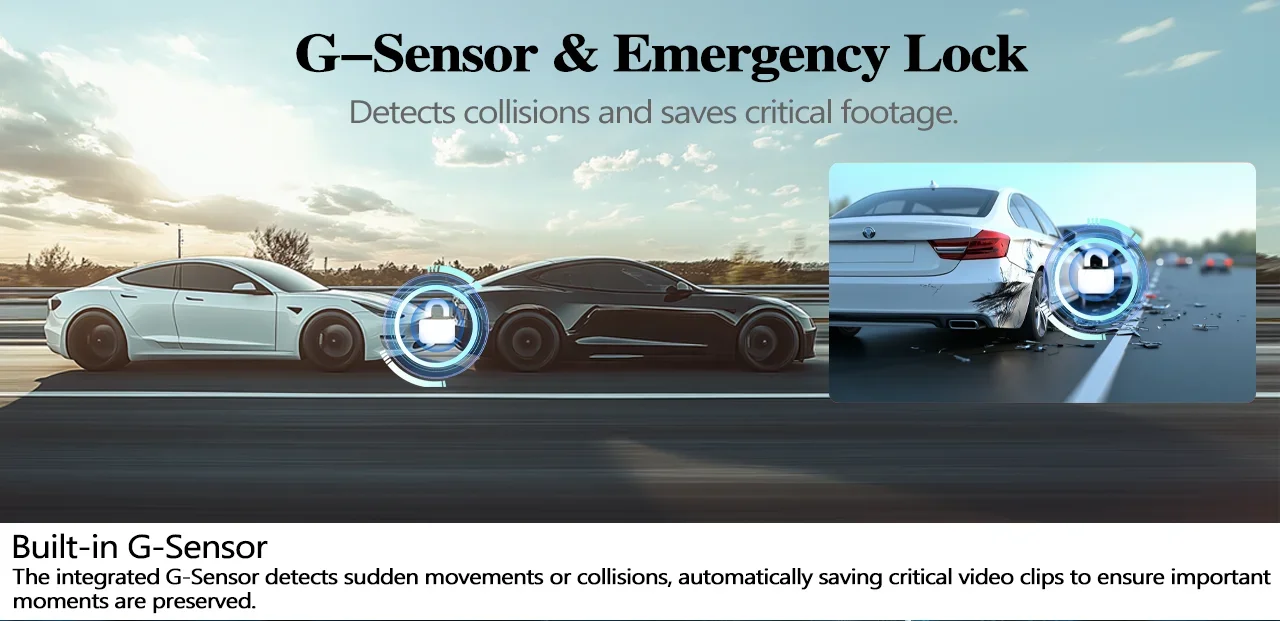 Advertisement for G-Sensor and Emergency Lock system with car collision scene and text.