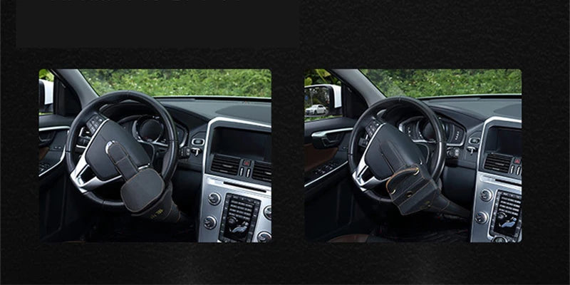 Two views of a car's interior with Steering Wheel Lock and dashboard.