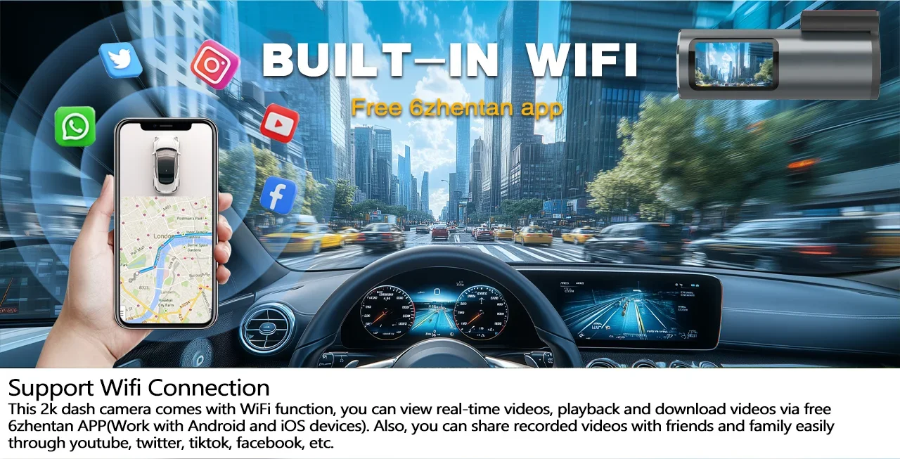 Car dashboard with navigation system and smartphone displaying a map, with text about built-in WiFi and free 6thernet app.