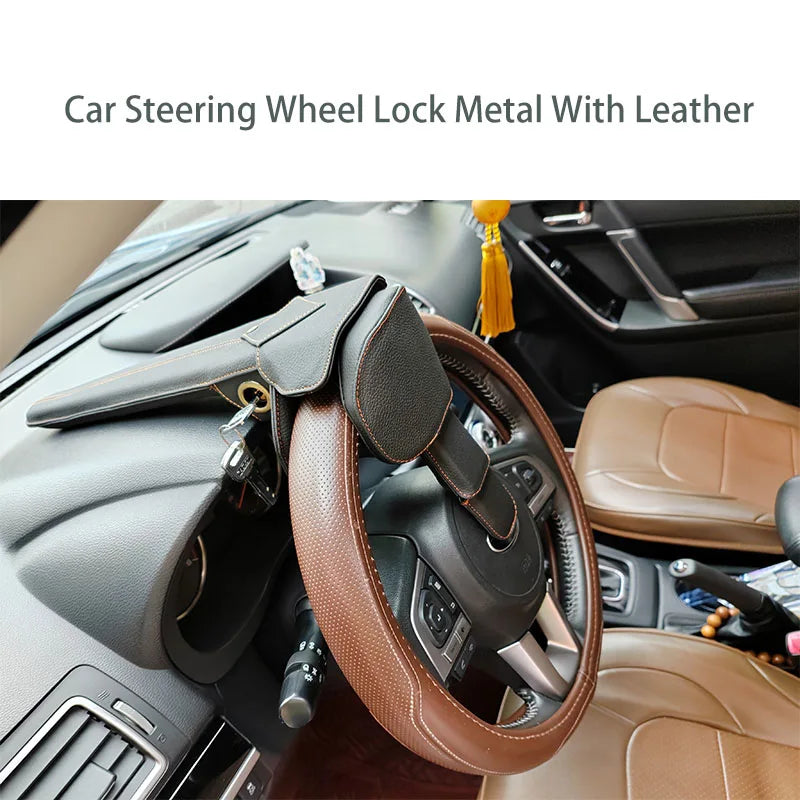 Car steering wheel lock with leather cover installed in a vehicle interior.