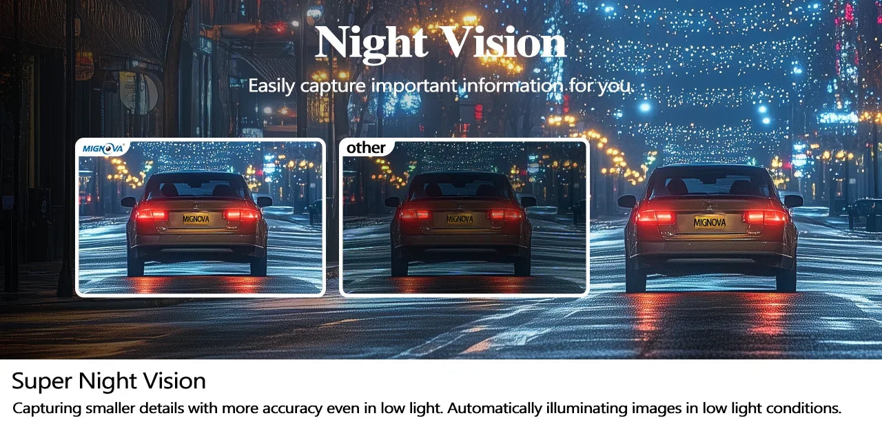Car driving on a city street at night with 'Super Night Vision' feature highlighted.