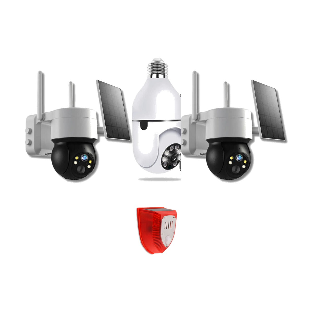 Smart Home Family Pack contents: two SolarSecure360 Pro solar cameras, one BrightEye bulb camera and one BarkGuard solar alarm