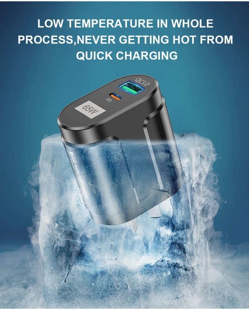 Quick charging device with ice block on a blue background