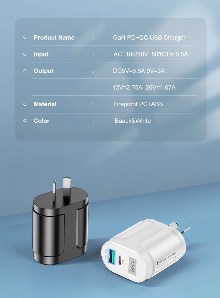 GaN PD+QC USB charger with specifications on a blue background