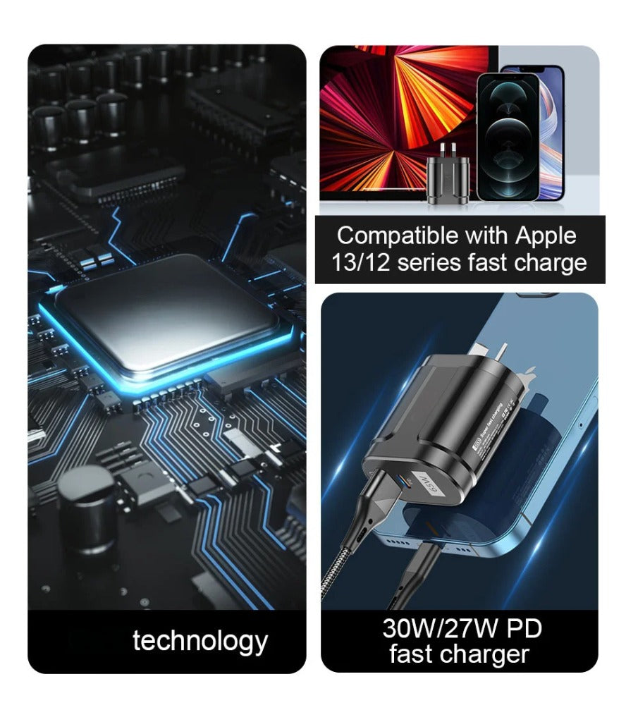 Collage of electronic components, a phone, and a charger with text about compatibility and power delivery.