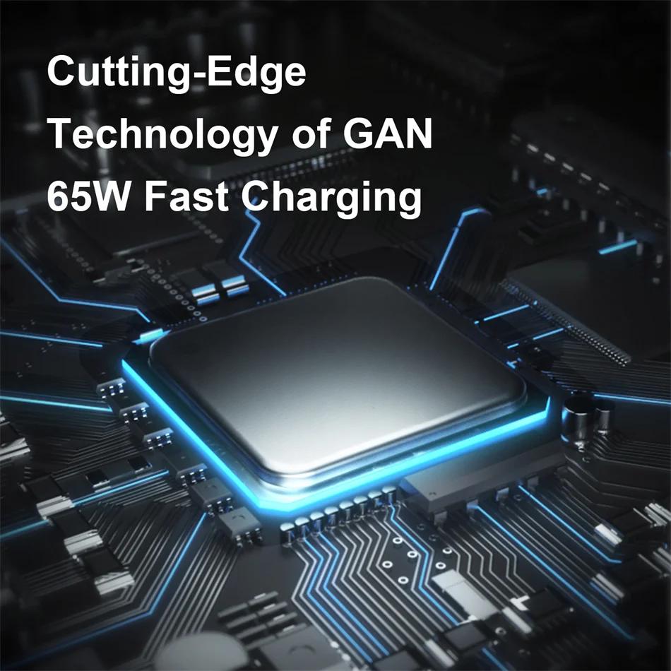 Electronic component with 'Cutting-Edge Technology of GAN 65W Fast Charging' text on a dark background
