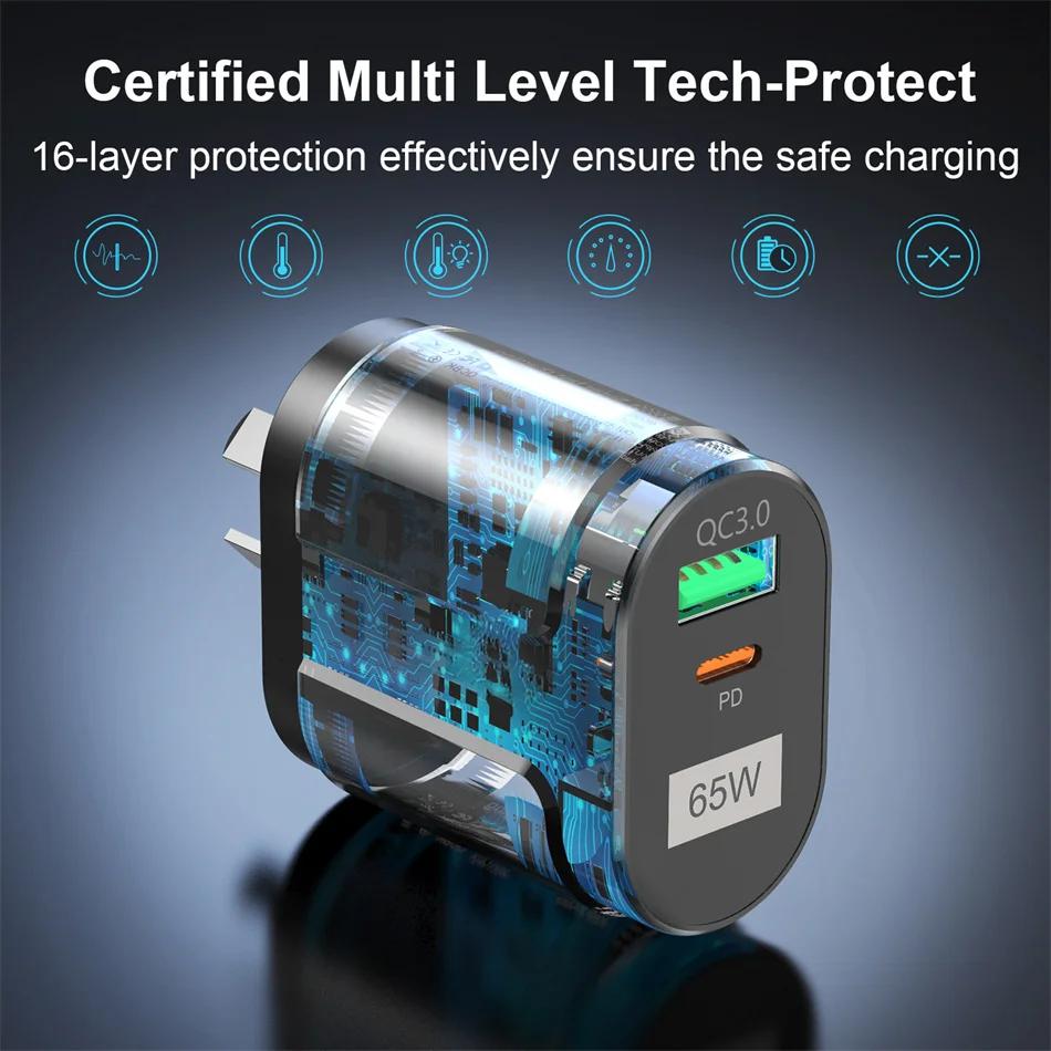 65W USB-C power adapter with clear design on a dark background