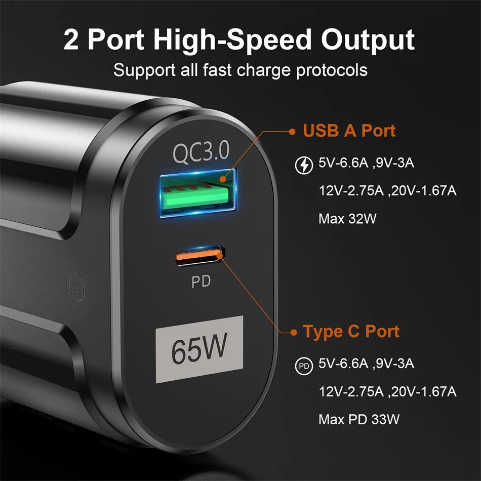 2-port high-speed output charger with USB A and Type C ports on a black background
