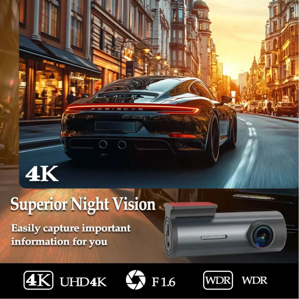 Car driving on a city street with a focus on superior night vision technology in CarSecure Front Dashcam.