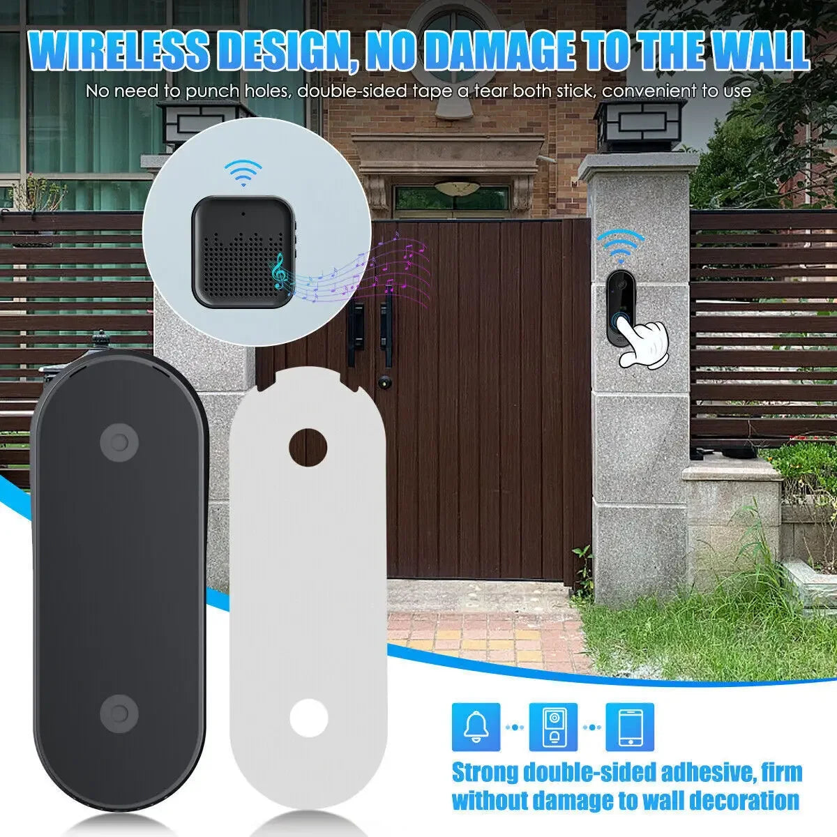 Wireless doorbell system with adhesive backing on a wall background