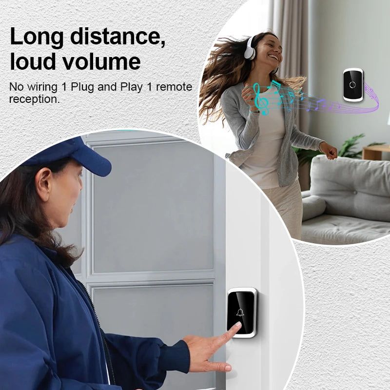 Smart doorbell with user interaction and text about long distance and loud volume capabilities.