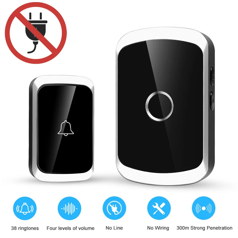 Wireless doorbell system with two black devices on a white background, featuring a no-wire symbol.