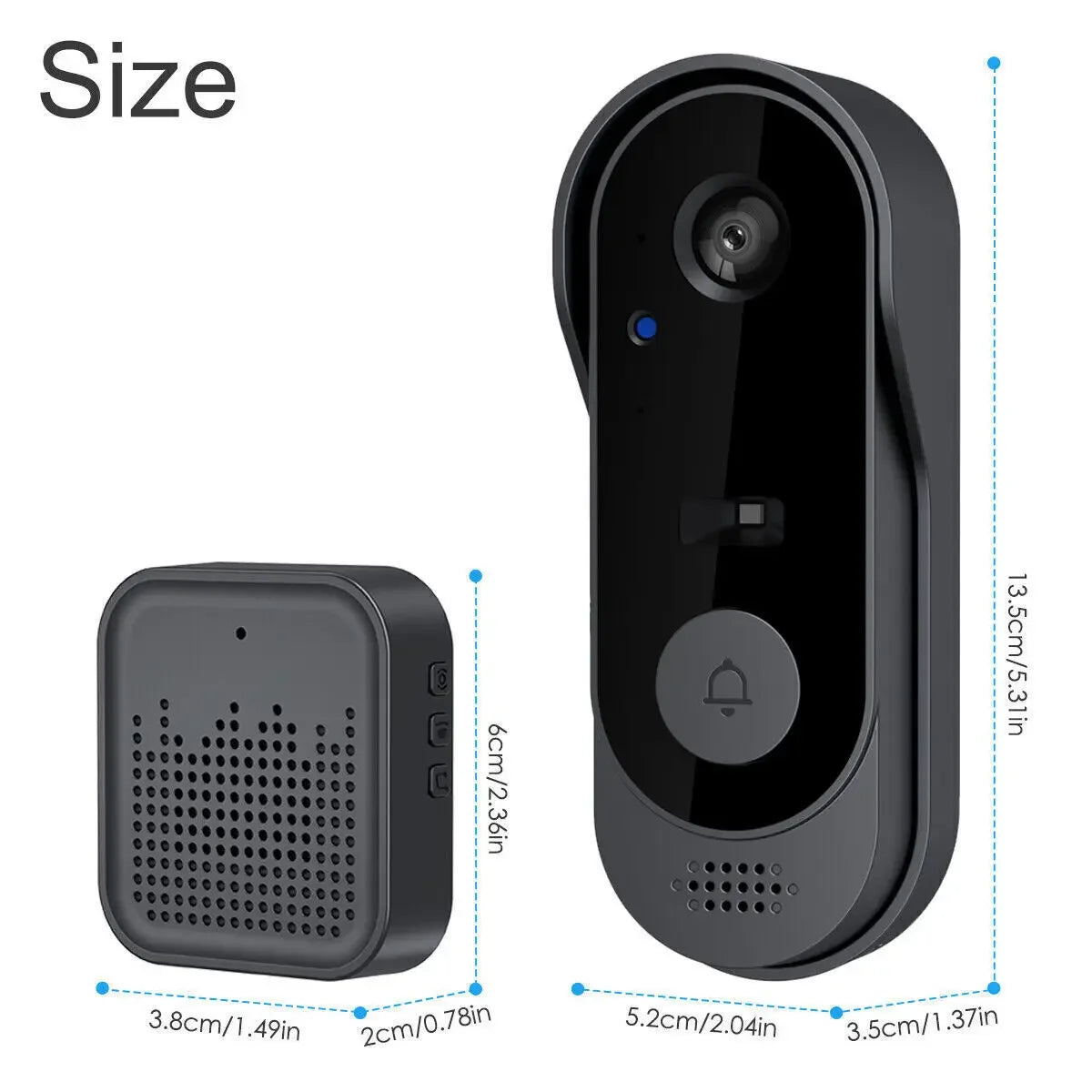 Smart doorbell and speaker device with size measurements on a white background