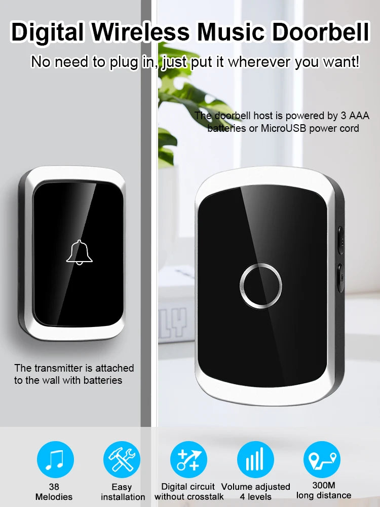 Digital wireless music doorbell with transmitter and receiver on a white background