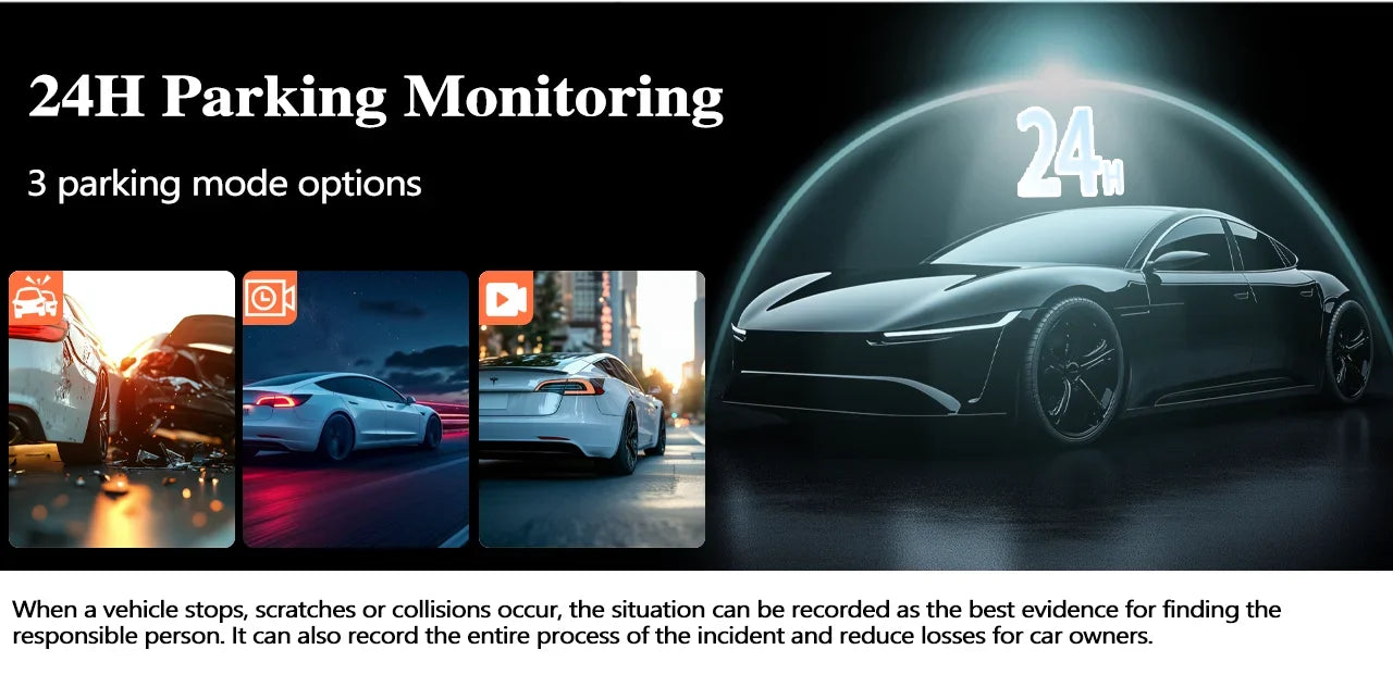 Car with 24-hour parking monitoring system and three parking mode options displayed.