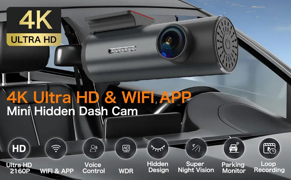 4K Ultra HD CarSecure Dash Cam with various features displayed on a car dashboard.