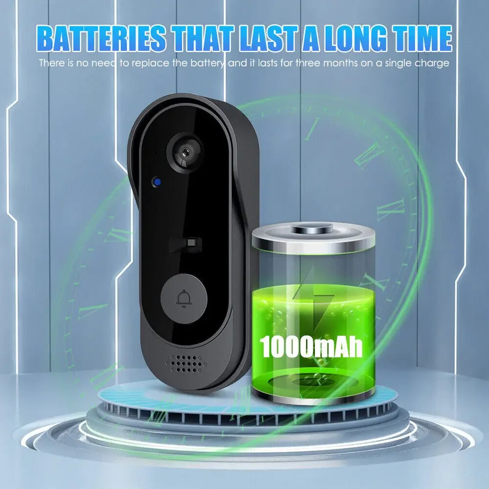 Black doorbell with a 1000mAh battery on a blue background, highlighting long-lasting batteries.