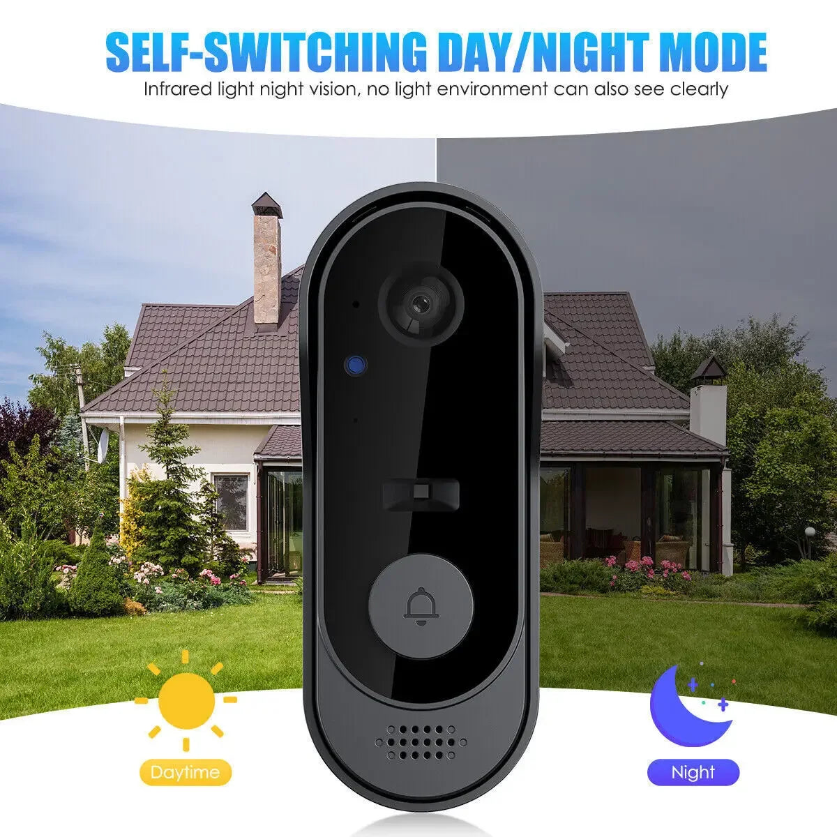 Smart doorbell with day/night mode feature in front of a house
