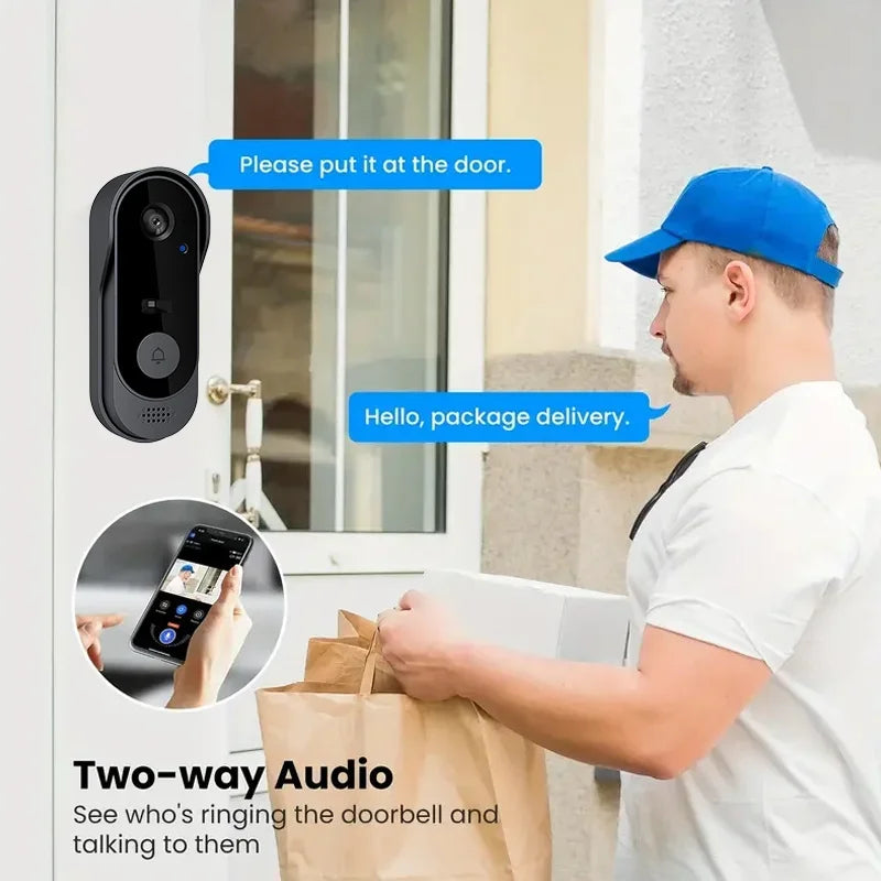 Person with a blue cap using a doorbell with two-way audio feature, showing smartphone app interface.