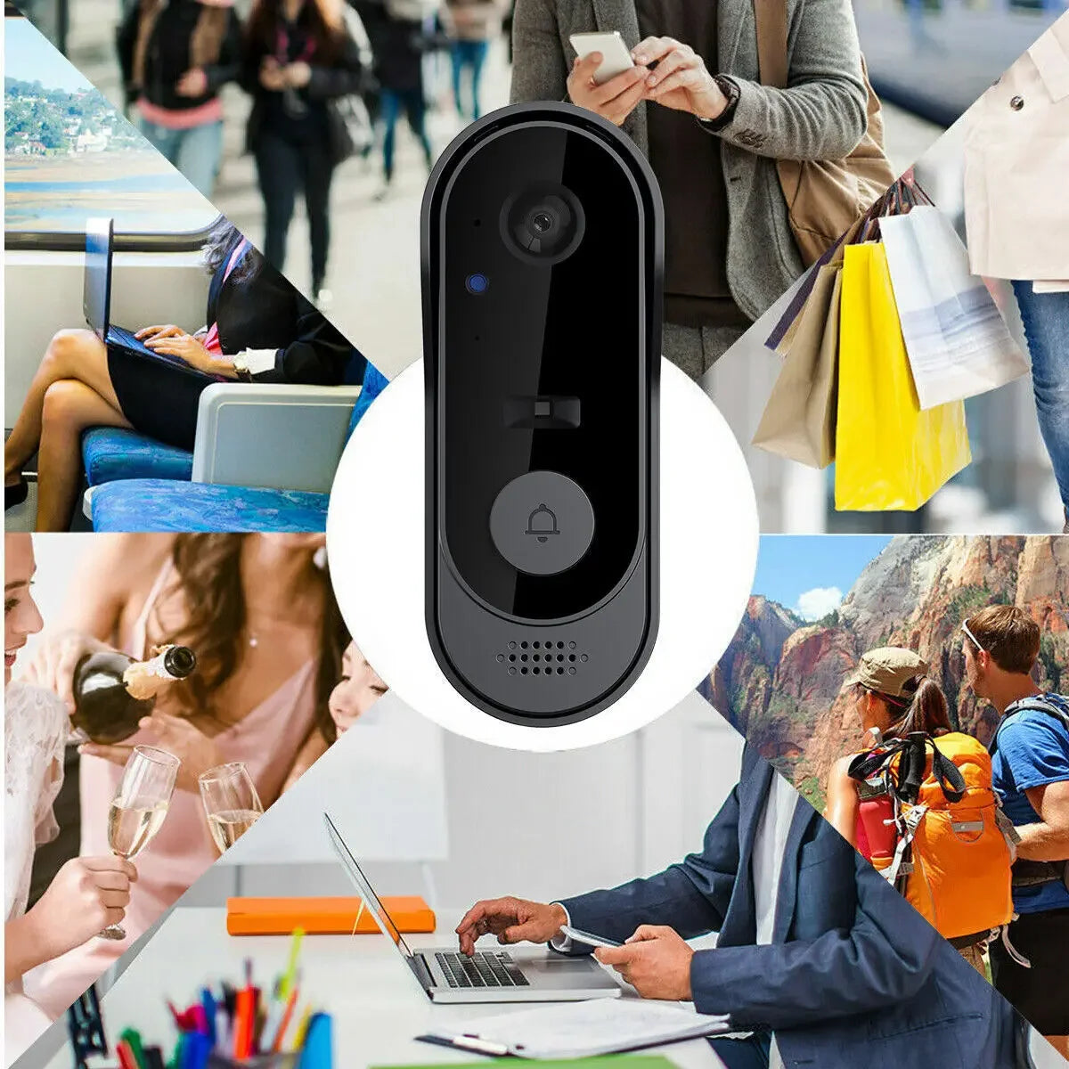 Black doorbell with people in various settings in the background
