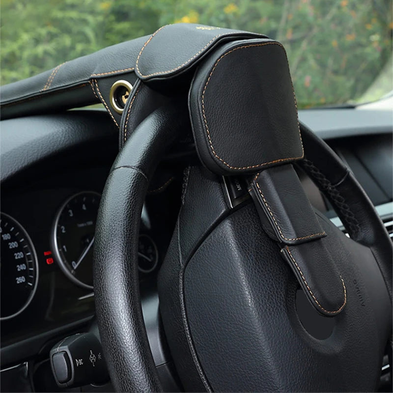 Close-up of a Car Steering Wheel Lock with a black leather cover