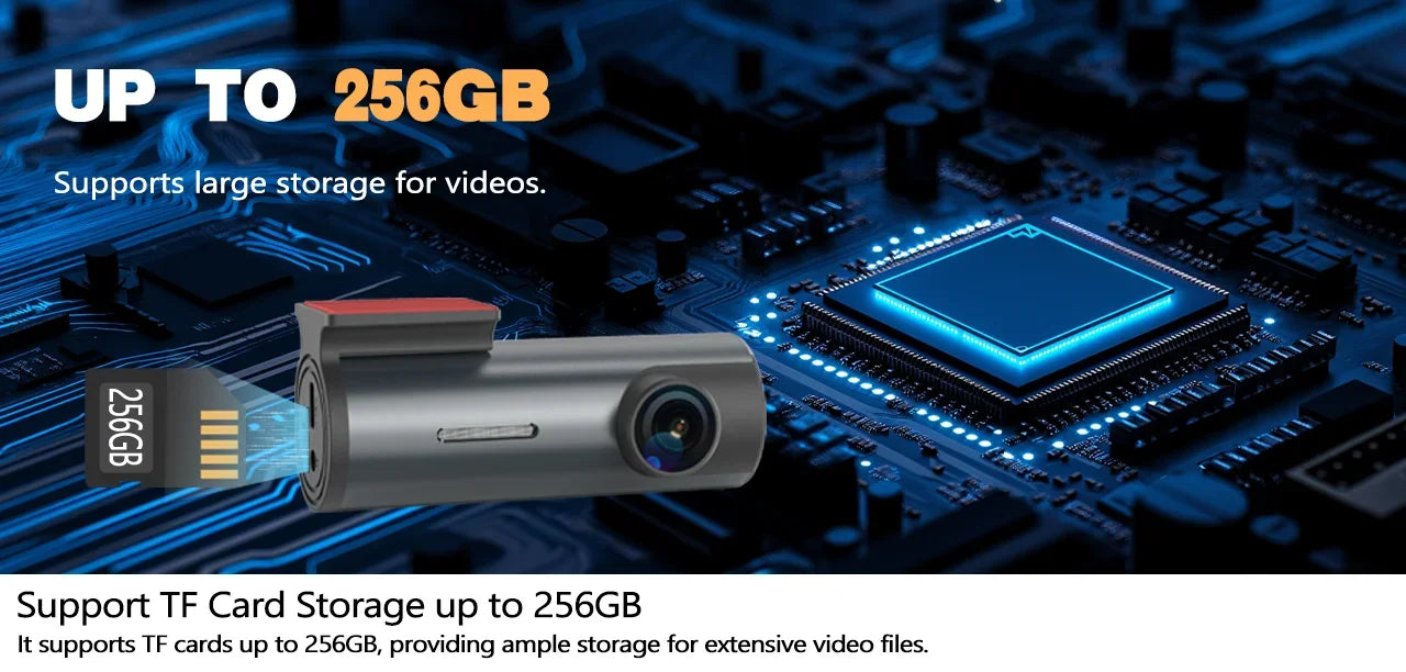 CarSecure Dash cam supports flash drive with 256GB capacity on a circuit board background.