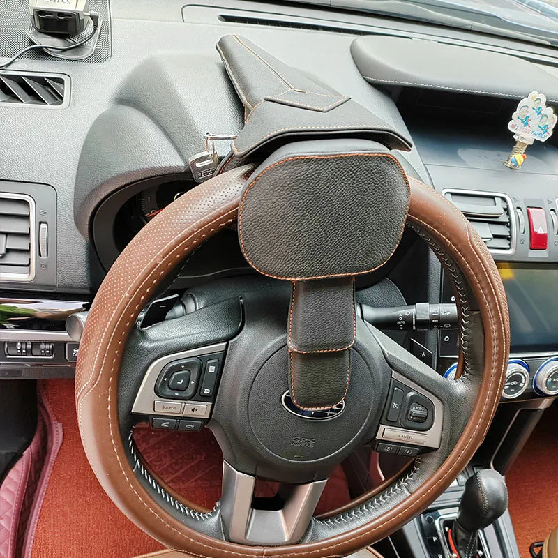 Steering Wheel Lock cover on a car steering wheel with dashboard in the background