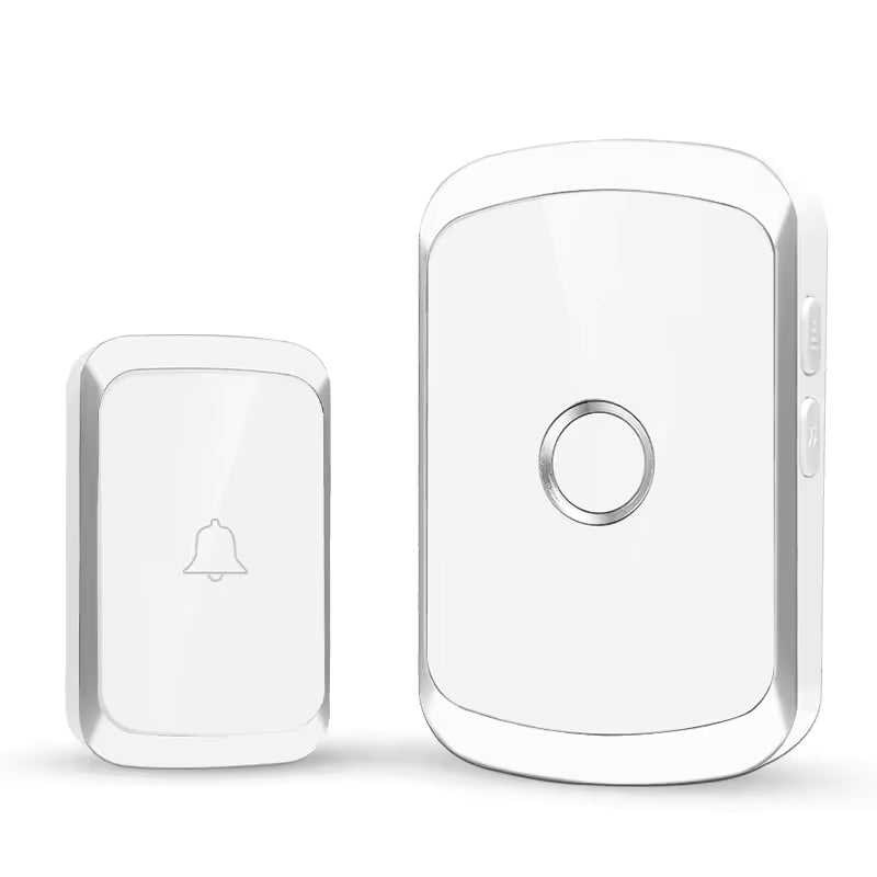 Two white wireless doorbell components on a light gray background
