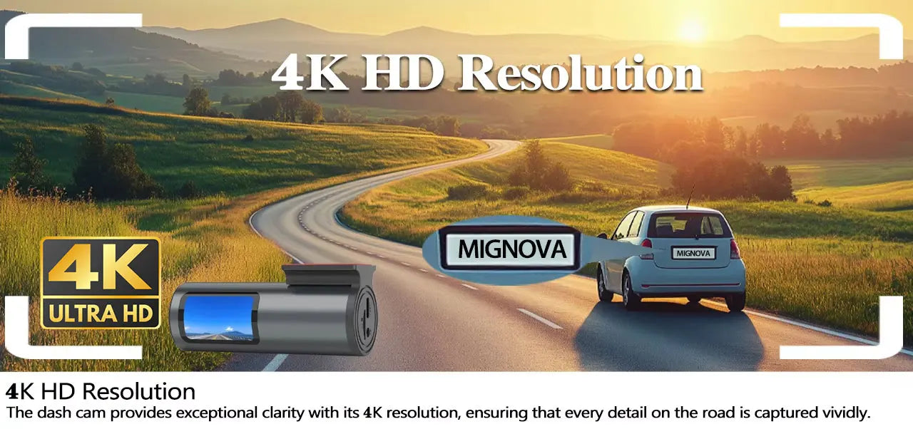CarSecure Dashcam and scenic road background, emphasizing 4K HD resolution.