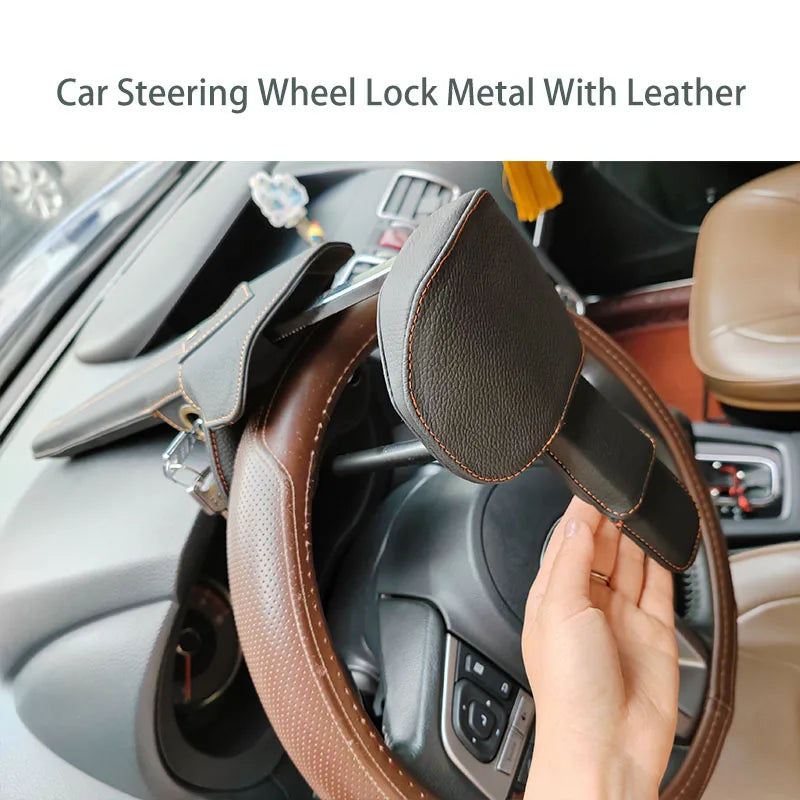 Car steering wheel lock with leather cover in a vehicle interior