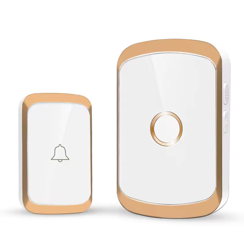 Two gold and white wireless doorbell components on a white background