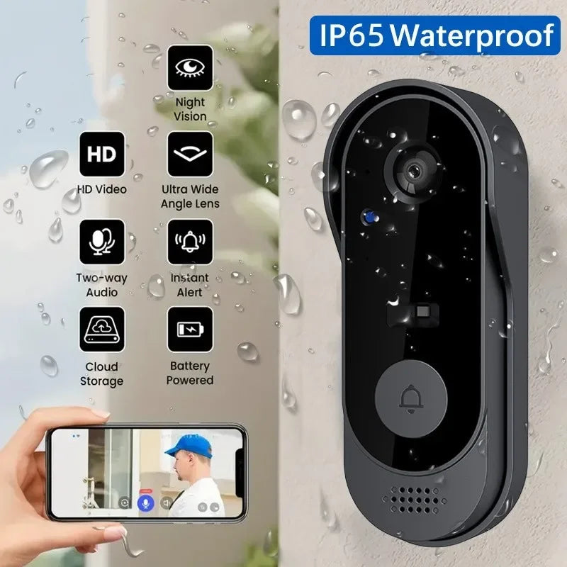 Doorbell camera with smartphone app interface, featuring IP65 waterproof rating and various features.