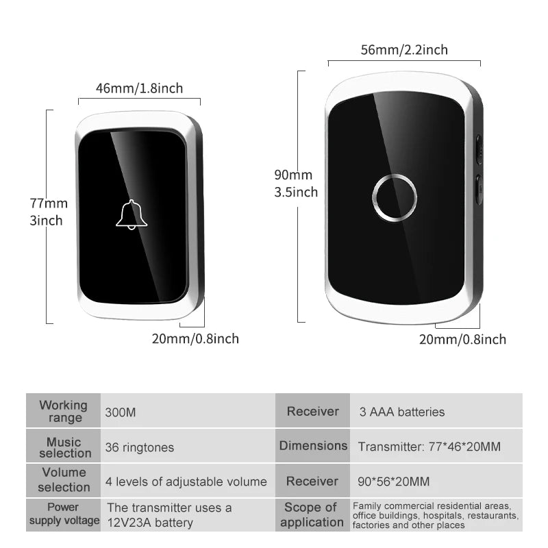 Dimensions and specifications of a wireless doorbell transmitter and receiver on a white background.