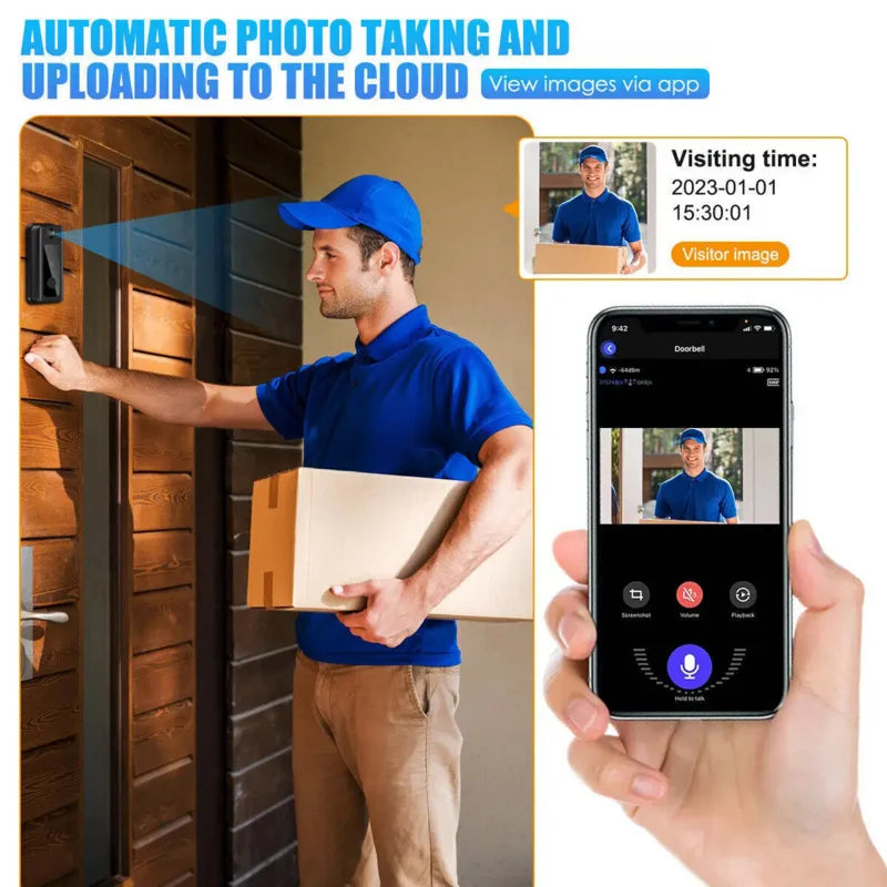 Man delivering a package with a smartphone app showing video call interface.
